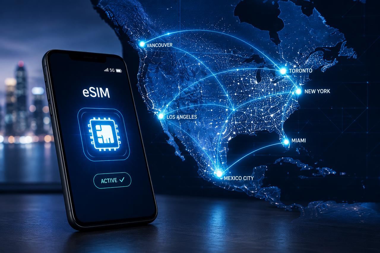 Soccer fans traveling across USA, Canada and Mexico for World Cup 2026 matches checking phones for connectivity