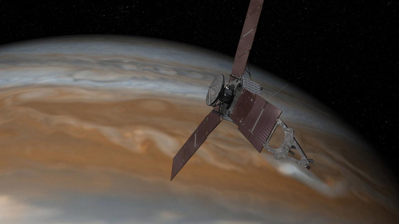 Vue d’artiste de la sonde Juno en orbite autour de la planète Jupiter. © Nasa, JPL-Caltech.