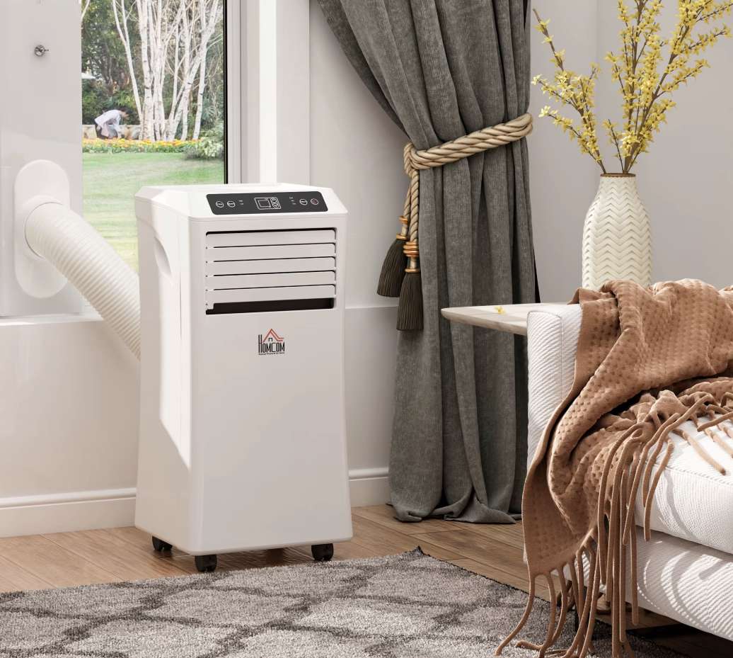 Ce climatiseur mobile HomCom 9 000 BTU à moins de 230 ¬ : trois fonctions, télécommande et installation simple pour rafraîchir jusqu'à 28 m²