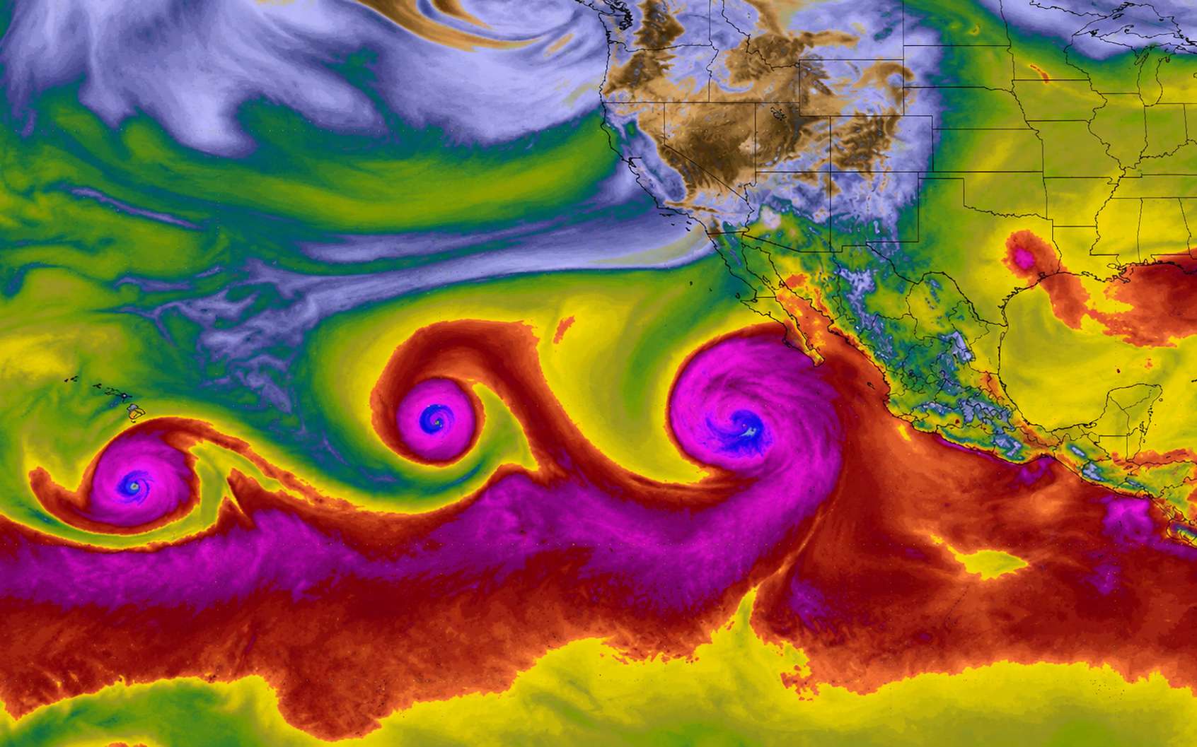 Trois cyclones alignés dans le Pacifique : la conséquence la plus spectaculaire de l’actuel super El Niño !
