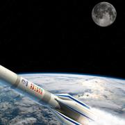 Vue d&#39;artiste d&#39;Ariane 6 dans sa version 4 boosters (AR64). © ESA (Ariane 6), Planet (Lune)