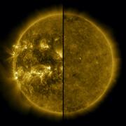 Les deux facettes de l'activité du Soleil. À gauche, une image de la surface solaire en activité (avril 2014). A contrario, l'image de droite montre une étoile étonnamment calme (décembre 2019). © Nasa, SDO Science team