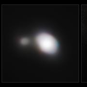 À gauche, image la plus détaillée de l&#39;astéroïde 1999 KW4, qui possède sa propre lune, prise par l&#39;instrument Sphere équipant le Very Large Telescope (VLT), à son passage au plus près de la Terre le 25 mai 2019. À droite, vue d&#39;artiste de l&#39;astéroïde et de son petit compagnon. © ESO