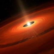 Une vue d'artiste d'un disque protoplanétaire autour d'un jeune soleil. Une exoplanète géante a creusé son sillon dans ce disque riche en gaz et poussière en accrétant ces matières. © NAOJ