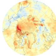 Données acquises entre 2000 et 2014 par plusieurs satellites de la Nasa. Sur cette carte de l’Arctique, on peut visualiser les variations de l’absorption du rayonnement solaire. Les valeurs les plus élevées (jusqu’à 50 watts par m2) sont en rouge. Ces tendances corroborent les observations de la diminution de la banquise dues à un réchauffement important de l’air dans cette région. © Nasa