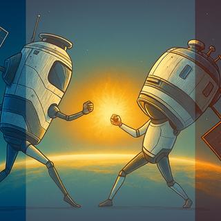 Dança satélite: futuro projeto da Direção Geral de Armamentos para aprender a realizar manobras de proximidade. Essencial para a guerra espacial. © DC com AI Copilot