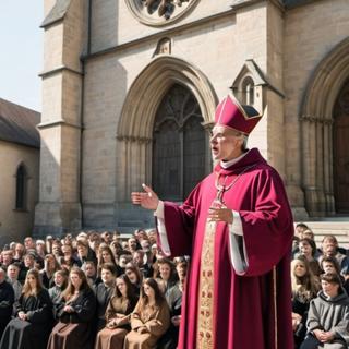 Image générée par IA d’un évêque donnant une prêche devant une église. © OpenArt.ai