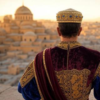 Image générée par intelligence artificielle de l’empereur Justinian contemplant la cité de Byzance. © Grok
