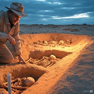Arqueólogo descobrindo uma vala comum. © Imagem gerada pela inteligência artificial Grok/X