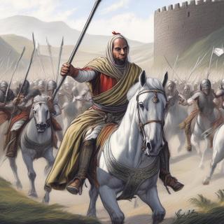 Imagem gerada por inteligência artificial de um campo de batalha entre soldados do califado e tropas sassânidas no século VII. © Adobe Expresso