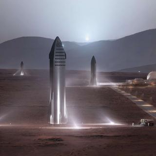 Impressão artística de uma colônia marciana, com as naves estelares da SpaceX à esquerda. © EspaçoX