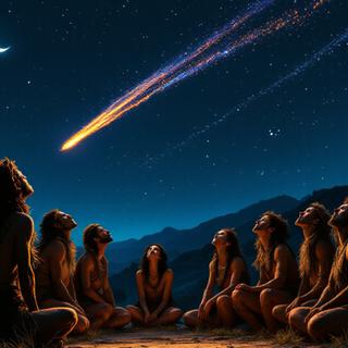 Image générée par intelligence artificielle de peuplades de l'âge du&nbsp;bronze regardant passer une météorite. © Le Chat, Mistral AI&nbsp;