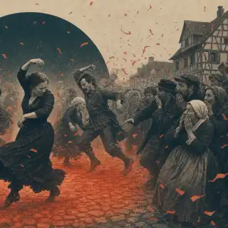  une femme danse sans pouvoir s’arrêter. Bientôt, 400 habitants sont emportés dans sa folie.&nbsp;Image générée à l'aide d'un outil IA. © Xavier Demeersman, ChatGPT