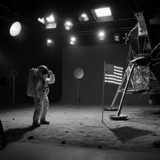 L'alunissage des missions Apollo est depuis des années sujet à la contestation de théoriciens du complot, estimant que l'évènement aurait été filmé en studio. © DS, IA ChatGPT