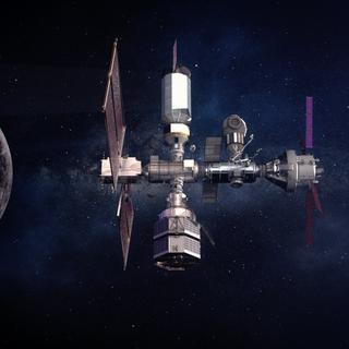 Conceito de “Gateway”, uma estação orbital ao redor da Lua. O Gateway teria sido usado para transferir astronautas para a superfície lunar durante as missões tripuladas Artemis. © NASA, ESA