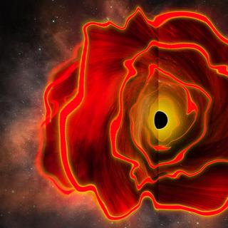 Des astronomes ont découvert une « étoile à trou noir », un point rouge extrêmement brillant datant de l'Univers primordial qui semble constituer un nouveau type d'objet astrophysique. Il ressemble à une étoile gigantesque, mais sa production d'énergie se rapproche davantage de ce qu'un trou noir pourrait générer.&nbsp;© Jose-Luis Olivares, MIT