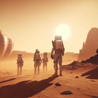 A Lua por si só não será suficiente para preparar a NASA, a ESA e os seus parceiros internacionais para enviar humanos a Marte. O Gateway, a ISS e a órbita baixa também serão chamados a enfrentar este desafio. Ilustrações geradas por IA de astronautas caminhando em Marte. © Artcuboy, Adobe Stock
