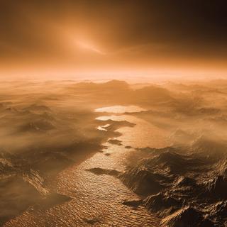 Titan, lune de Saturne, est intrigante non seulement pour ses lacs de méthane en surface, mais aussi pour sa structure interne. ©&nbsp;decorator,&nbsp;Adobe Stock (image générée avec IA)