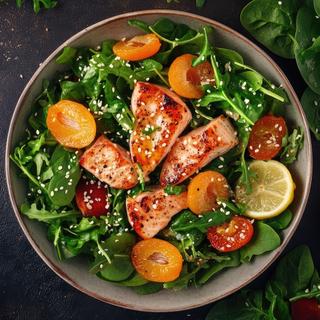 Beaucoup de légumes, de fruits et de céréales complètes, un peu de poisson et moins de viande rouge et de charcuteries, c’est le secret pour vieillir en bonne santé. © Lala, Adobe Stock (image générée avec IA)