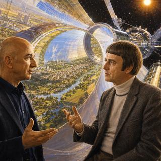 De gauche à droite, une discussion imaginaire entre Jeff Bezos et Gerard O'Neill, le physicien pionnier des colonies spatiales. En arrière-plan, une de ces colonies vue par l'IA. © Laurent Sacco, ChatGPT