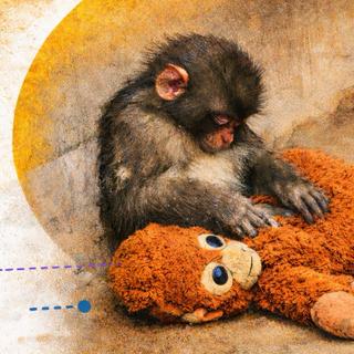 Privé de contact maternel à la naissance, le jeune macaque japonais Punch s’agrippe à une peluche devenue pour lui une figure d’attachement de substitution. © CB avec ChatGPT