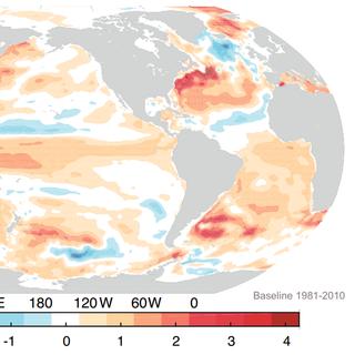 2018 a été l&#39;année la plus chaude pour les océans. Cette carte montre la différence de chaleur stockée dans les océans en 2018 (ocean heat content ou OHC en anglais) par rapport à la moyenne sur 1981 à 2010 en GJ/m². © Lijing Cheng et al., Advances in Atmospheric Sciences, 2019