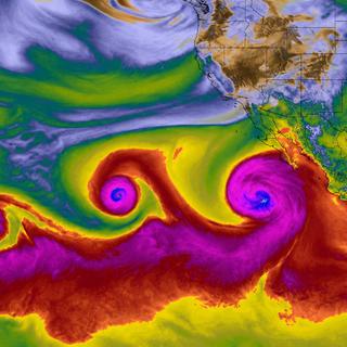 Les trois cyclones dans le Pacifique, capturés en image avec l'humidité qui les compose. © Données ECMWF, représentation KD avec un outil IA