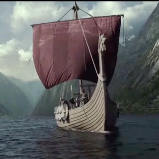 Barco Viking em um fiorde. Cena da série de TV Vikings, na História. © História da Normandia.