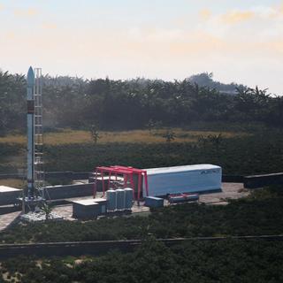Impressão artística de um lançador PLD Space Miura-5 em sua plataforma de lançamento no site CSG Diamant. © Espaço PLD