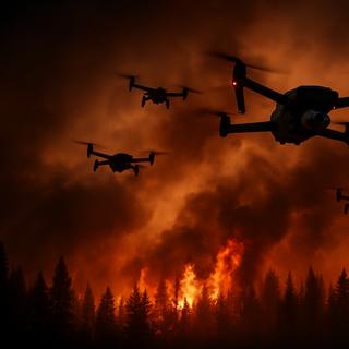 Cinq drones collectent les données visuelles des particules incandescentes présentes dans les fumées des feux de fôret. © SB, IA&nbsp;ChatGPT