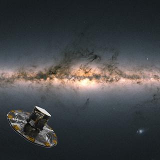Le satellite Gaia observant et mesurant les objets de la Voie lactée. À droite, les galaxies du Petit et Grand Nuage de Magellan. © satellite : ESA, ATG medialab & Voie lactée : ESA, Gaia, DPAC ; CC BY-SA 3.0 IGO. Acknowledgement : A. Moitinho