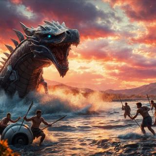 Des guerriers primitifs affrontent une créature fantastique émergée de l’océan. © D. Ichbiah avec Leonardo.ai, Nano Banana et Krea.ai