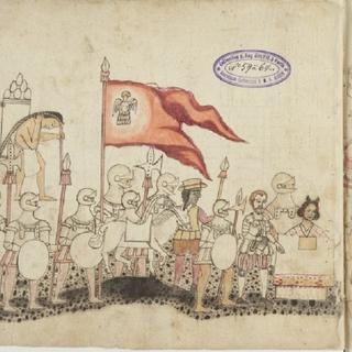 Codex Azcatitlan, História Mexicana, documento indígena escrito após a conquista espanhola, século XVI. Manuscrito em pergaminho, representando a chegada de Cortés e seu exército ao México. © Bibliothèque nationale de France, departamento de manuscritos.