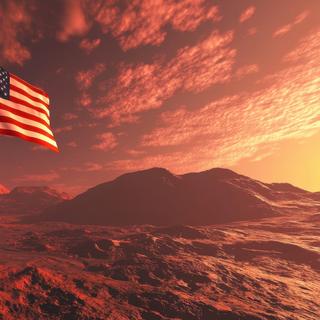 Imagem ilustrativa gerada por inteligência artificial de um americano em Marte. © Kyr, Adobe Stock