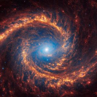 NGC 1566 est une galaxie spirale dans la constellation de la Dorade. Elle a été découverte par l'astronome écossais James Dunlop en 1885. C'est la galaxie de Seyfert, la plus brillante de l'hémisphère sud, et elle est ici imagée dans l'infrarouge par le télescope James-Webb. Pourquoi n'est-elle pas faite d'antimatière ? © Nasa