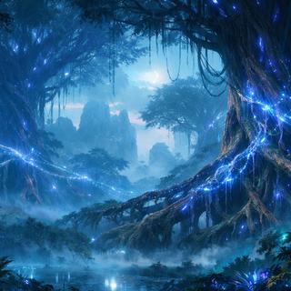Illustration dans le style d'Avatar, de la lune Pandora. © XD avec ChatGPT