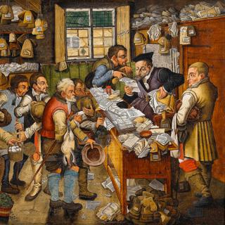 Pintura de Pieter Brueghel, o Jovem (ou da sua oficina), datada de cerca de 1617: o pagamento de impostos à aldeia. © Bonhams Photography, domínio público.