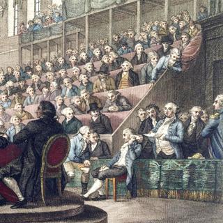 Plaidoyer de Louis XVI devant la Convention nationale, salle du Manège aux Tuileries, le 26 décembre 1792 ; par Reinier Vinkeles, entre 1793 et 1796. Musée Carnavalet, Paris. © Wikimedia Commons, domaine public