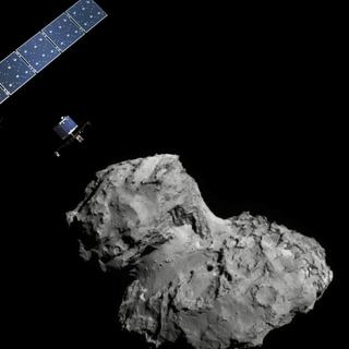 Impressão artística da sonda Rosetta lançando o módulo de pouso Philae em direção ao cometa 67P/Churyumov-Gerasimenko. ©ESA