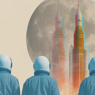 O foguete SLS pronto para Artemis II. Ilustração. © XD com ChatGPT