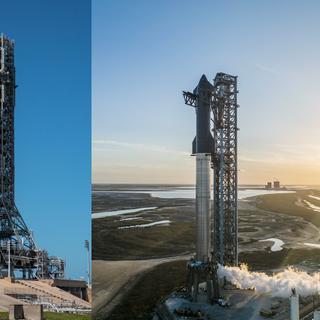 À esquerda, o SLS da NASA, construído pela Boeing, e à direita, a Starship da SpaceX. © NASA, SpaceX