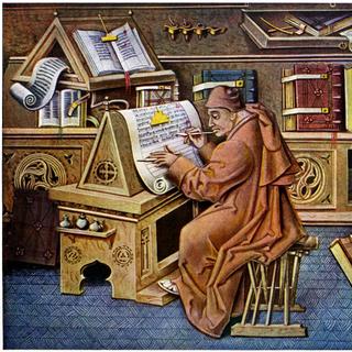 Jean Miélot dans son scriptorium, dans&nbsp;Miracles de Notre Dame, f.19 © Wikimédia Commons, domaine public.