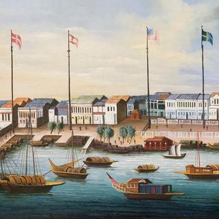 “As treze fábricas de Cantão”, cópia de 1820 após pintura de 1780, autor desconhecido. Uma fábrica é um entreposto comercial colonial. © Richard Rothstein, Wikimedia Commons, domínio público.