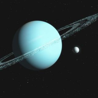 Uma impressão artística de Urano, suas luas e seus anéis. © Ericus, Adobe Stock
