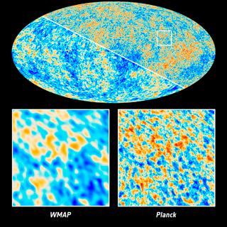 Comparaison de détail entre les images du rayonnement fossile prises par WMap et Planck. Ce dernier apporte un important saut en résolution. © Esa, Planck Collaboration, Nasa, WMap Science Team
