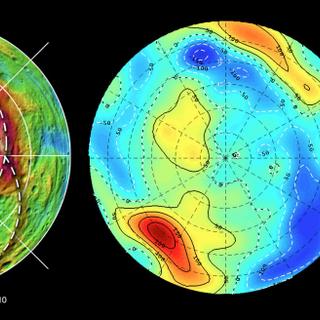Vesta, le deuxième plus gros astéroïde connu du Système solaire, se révèle être une protoplanète, c'est-à-dire&nbsp;un objet intermédiaire entre un astéroïde et une planète. Sa taille ne lui a pas permis de devenir une planète. Sur l'image, à gauche une carte topographique, à droite les variations de la gravité (en G) sur Vesta (le rouge montre les plus fortes gravités, le bleu foncé marque les plus basses).&nbsp;© Nasa/JPL-Caltech/Ucla/MPS/DLR/Ida