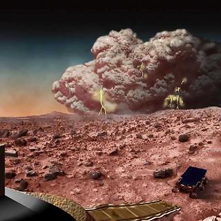 Illustration d'artiste représentant une tempête de poussière sur Mars. Aucune image n'a encore été prise de potentiels éclairs mais il est plausible de penser que ces phénomènes météorologiques s'accompagnent de décharges d'électricité statique. © Nasa&nbsp;