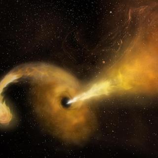 Quando uma estrela passa muito perto de um buraco negro, ocorre o que os cientistas chamam de ruptura de maré ou evento de ruptura. Talvez tenha sido isso que causou o aparecimento do transitório denominado J221951. © NRAO, AUI, NSF, NASA