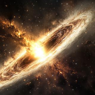 Une vue d'artiste d'un trou noir supermassif devenant un quasar en absorbant de la matière qui tombe sur lui. © vadosloginov, Adobe Stock