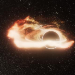 Pesquisadores da Universidade da Califórnia em Berkeley (Estados Unidos) descobriram um buraco negro supermassivo que não está no coração de uma galáxia. Sua presença foi revelada quando ele atacou uma estrela. Aqui, a vida de um artista sobre os restos, precisamente, da estrela espaguetificada que forma um disco em torno do buraco negro. © NASA, ESA, STScI, Ralf Crawford (STScI)
